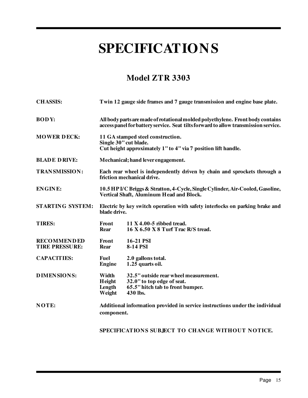 Dixon ZTR 2301 manual Specifications, Model ZTR 