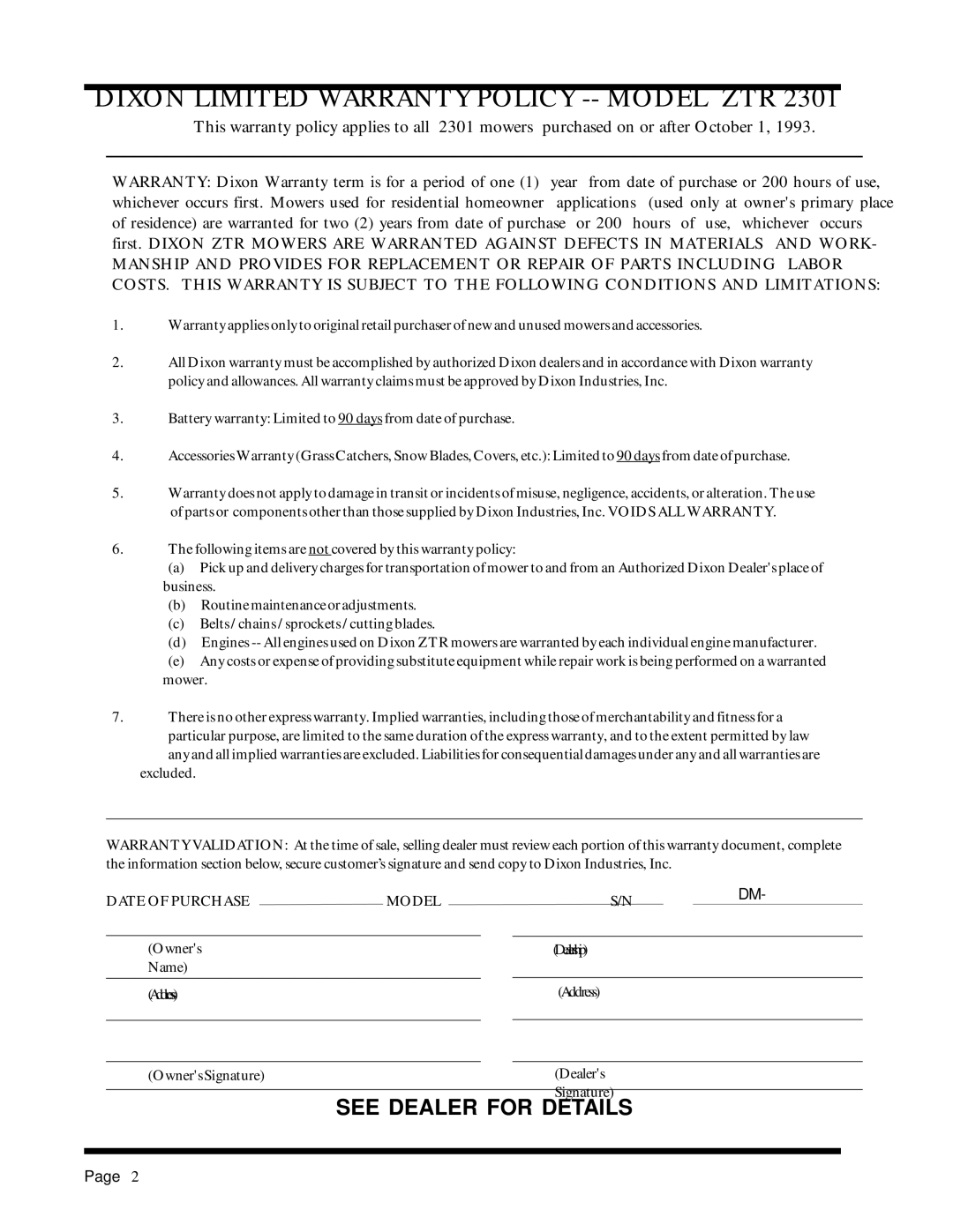 Dixon ZTR 2301 manual Dixon Limited Warranty Policy -- Model ZTR 