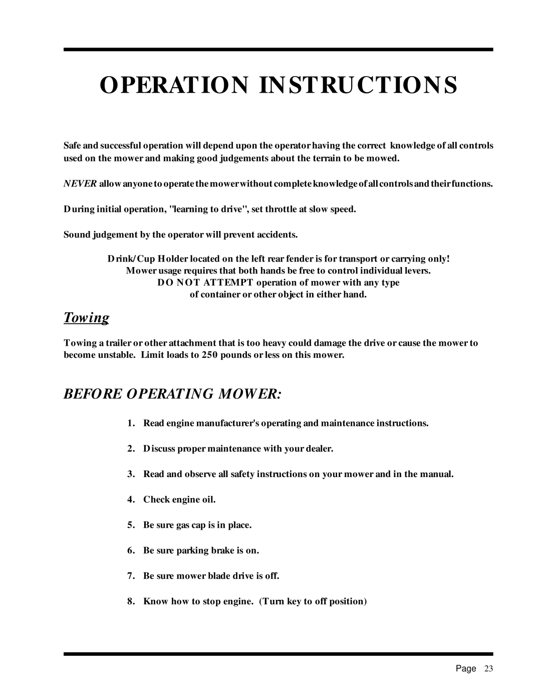 Dixon ZTR 2301 manual Operation Instructions, Before Operating Mower 