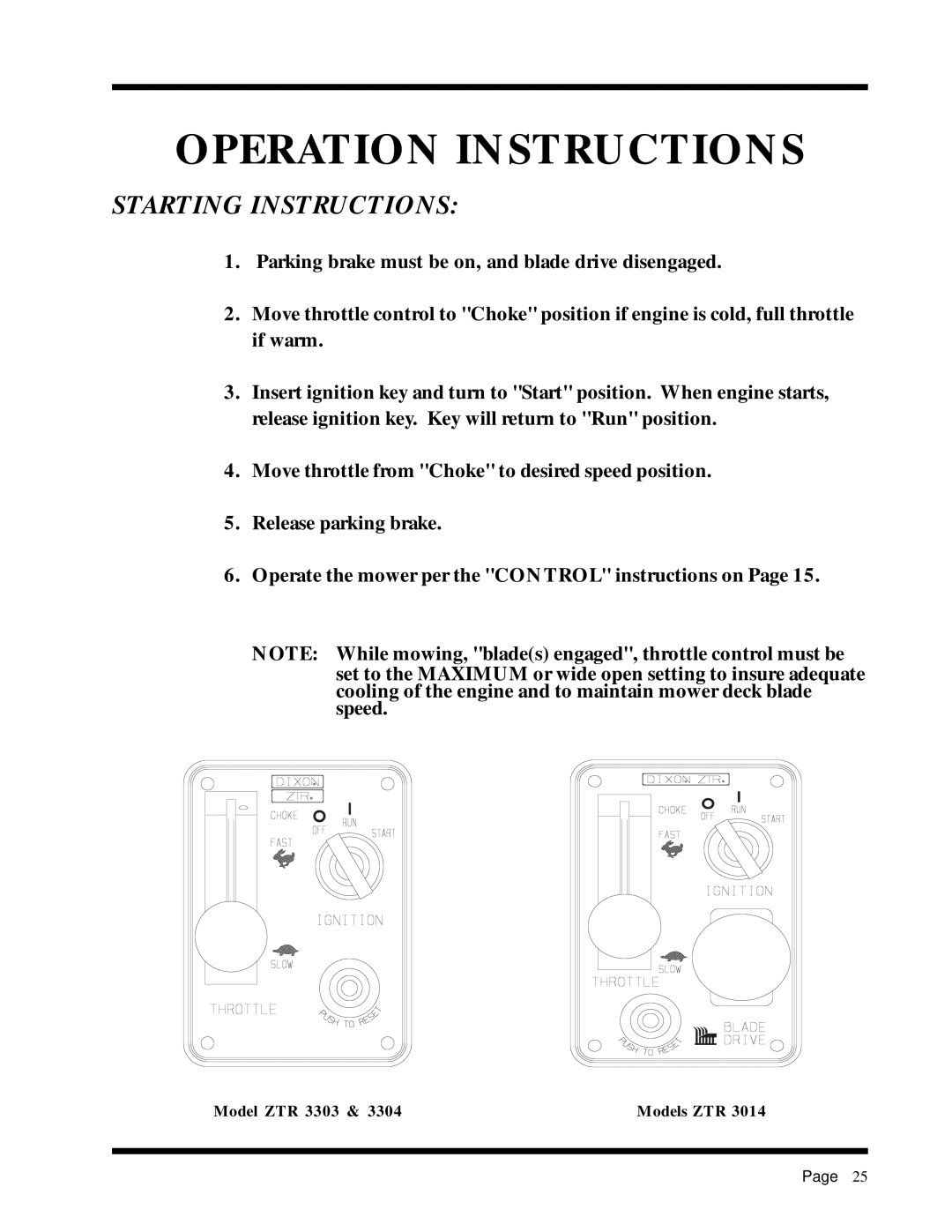 Dixon ZTR 2301 manual Starting Instructions 