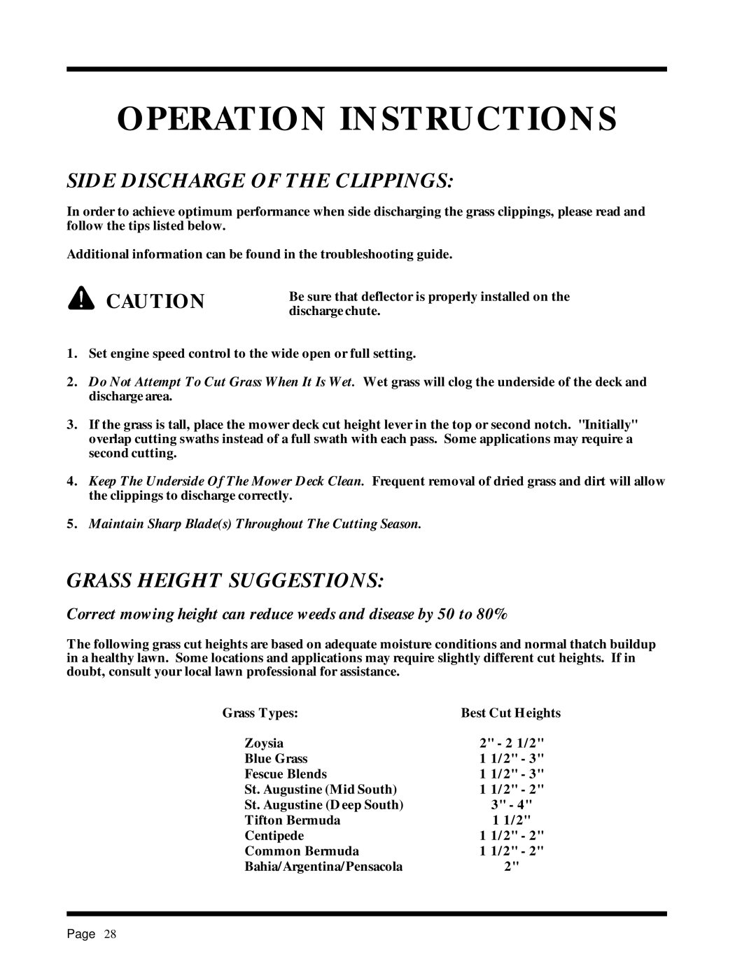 Dixon ZTR 2301 manual Side Discharge of the Clippings, Grass Height Suggestions 