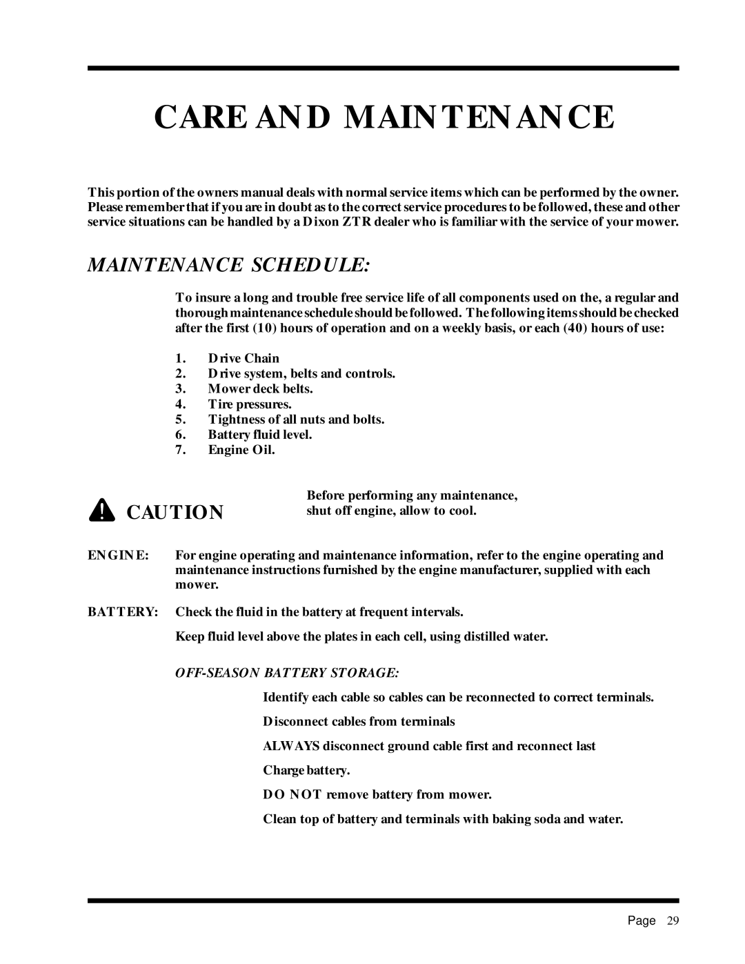 Dixon ZTR 2301 manual Care and Maintenance, Maintenance Schedule, Battery 