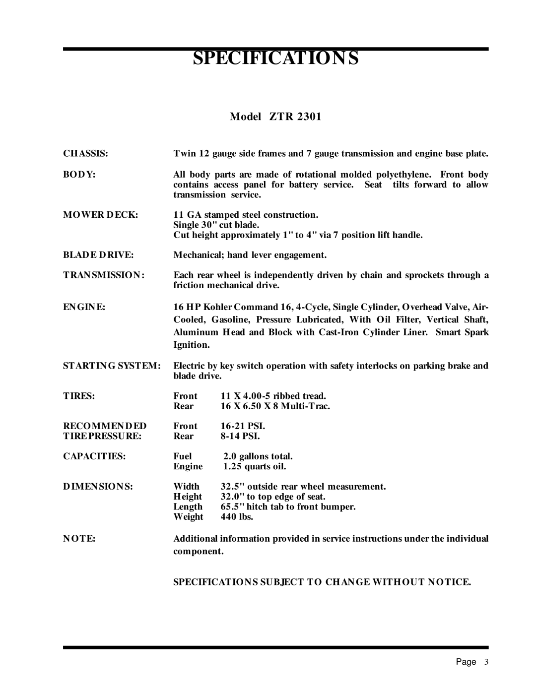 Dixon ZTR 2301 manual Chassis, Body, Mower Deck, Blade Drive, Transmission, Engine, Starting System, Tires, Recommended 