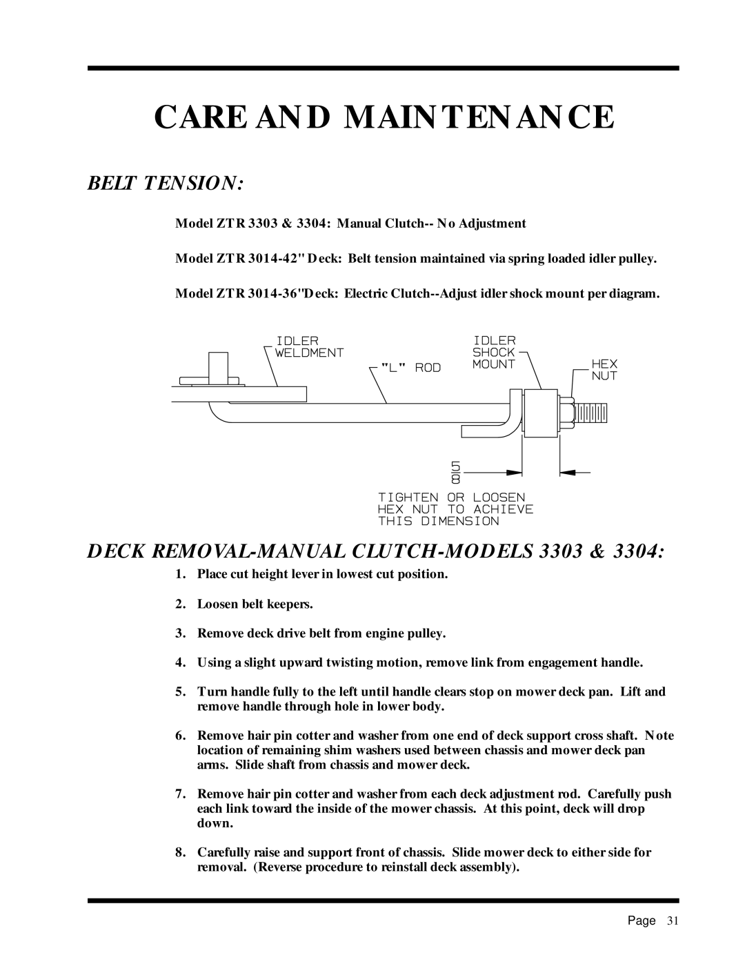 Dixon ZTR 2301 manual Belt Tension, Deck REMOVAL-MANUAL CLUTCH-MODELS 3303 