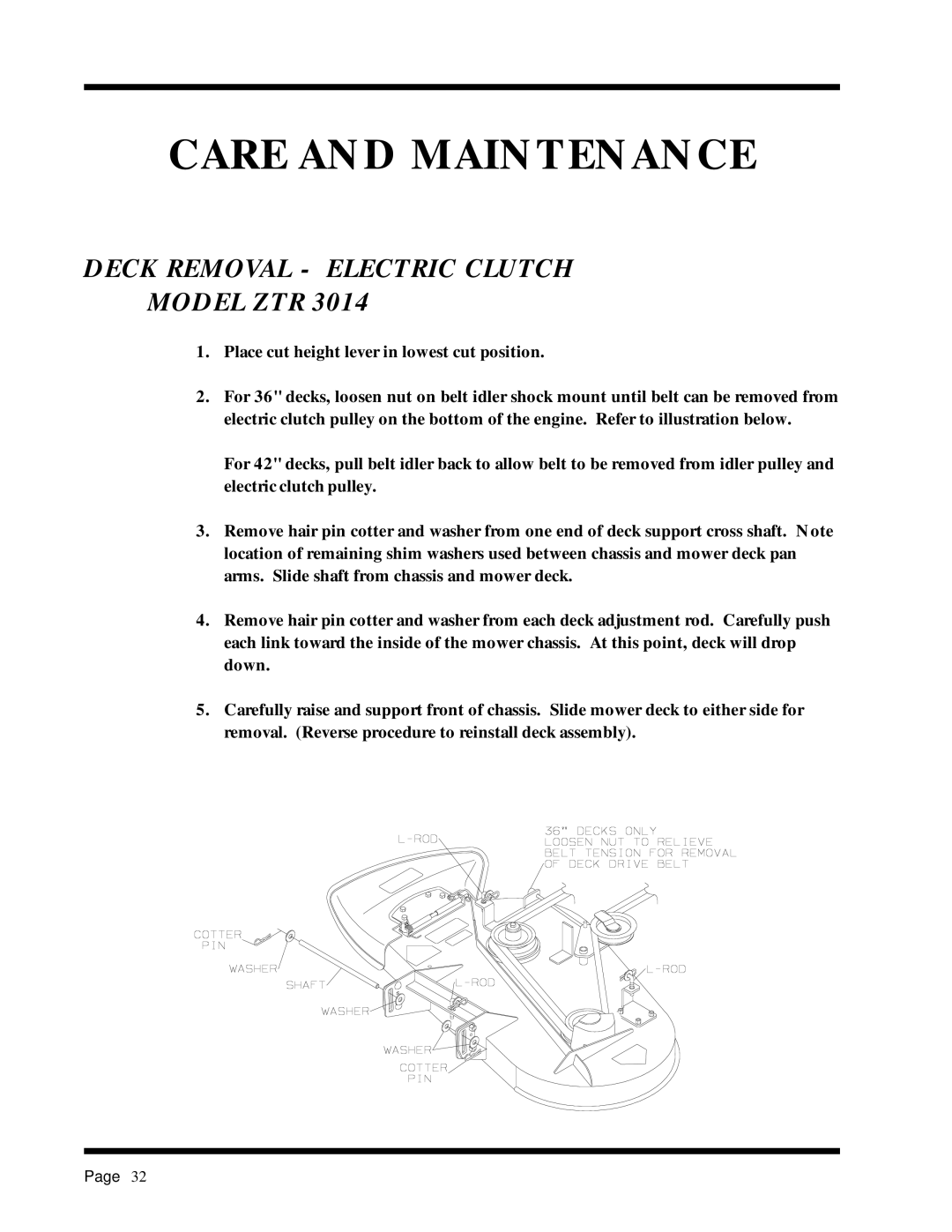 Dixon ZTR 2301 manual Deck Removal Electric Clutch Model ZTR, Place cut height lever in lowest cut position 