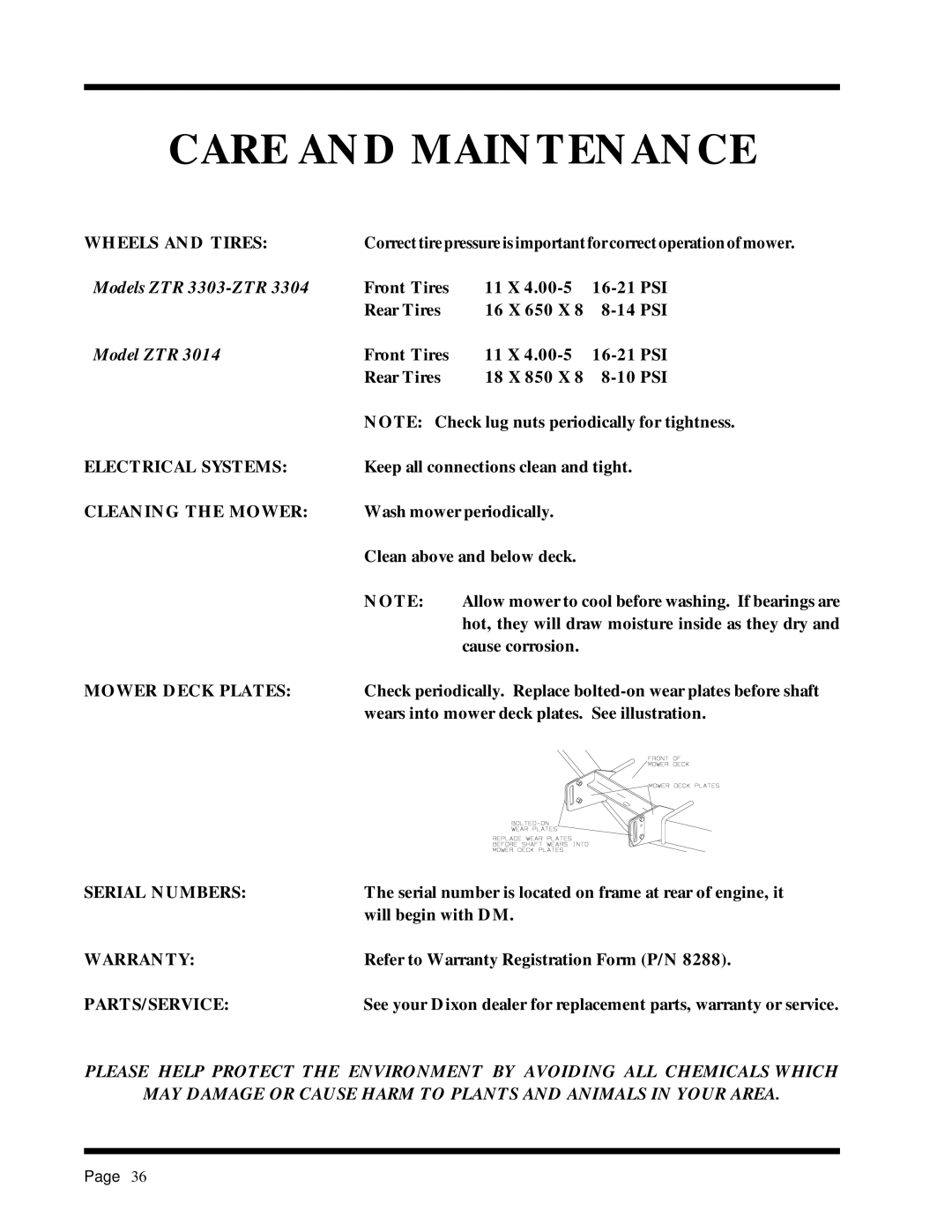 Dixon ZTR 2301 manual Wheels and Tires, Electrical Systems, Cleaning the Mower, Mower Deck Plates, Serial Numbers, Warranty 