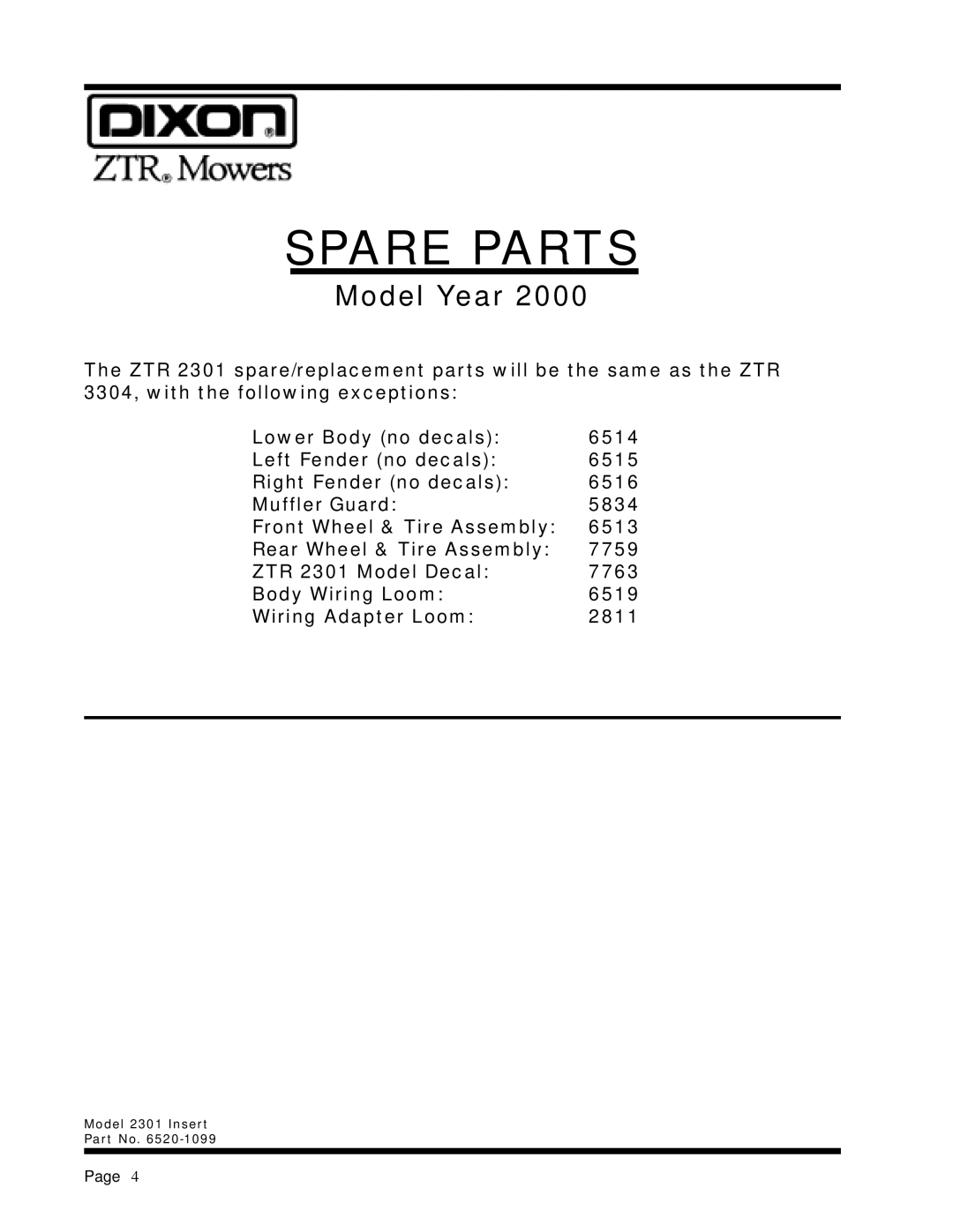 Dixon ZTR 2301 manual Spare Parts 