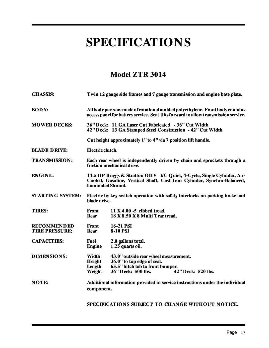Dixon ZTR 2301 manual Specifications, Model ZTR, GA Laser Cut Fabricated 