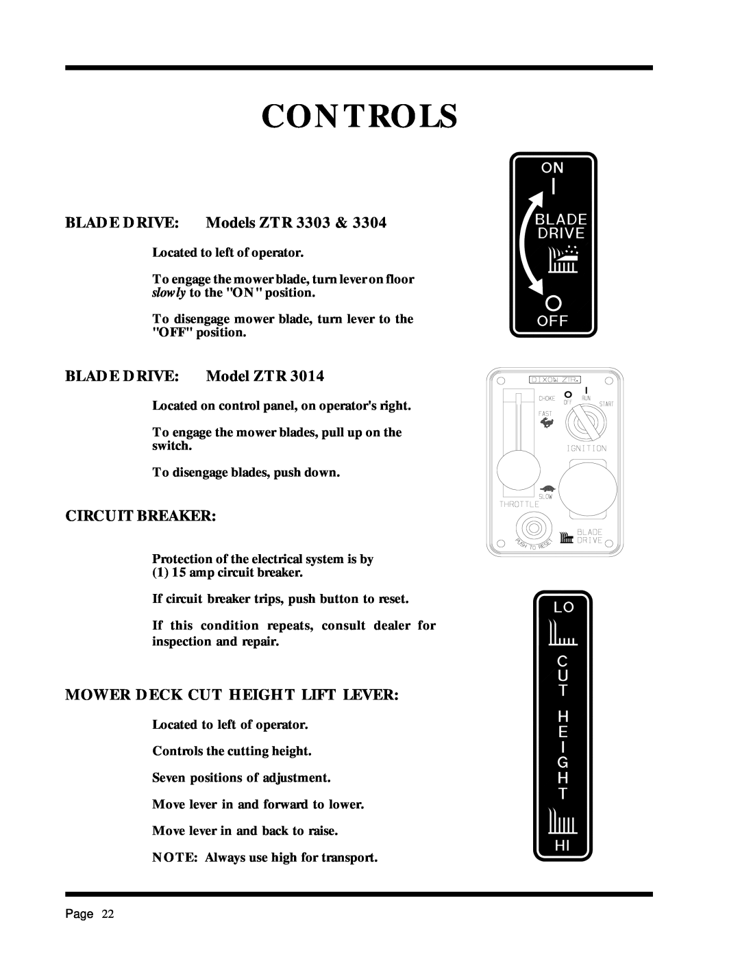 Dixon ZTR 2301 Controls, BLADE DRIVE Models ZTR, BLADE DRIVE Model ZTR, Circuit Breaker, Mower Deck Cut Height Lift Lever 