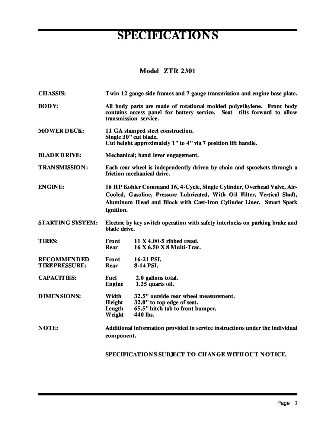 Dixon ZTR 2301 manual Specifications, Model ZTR 