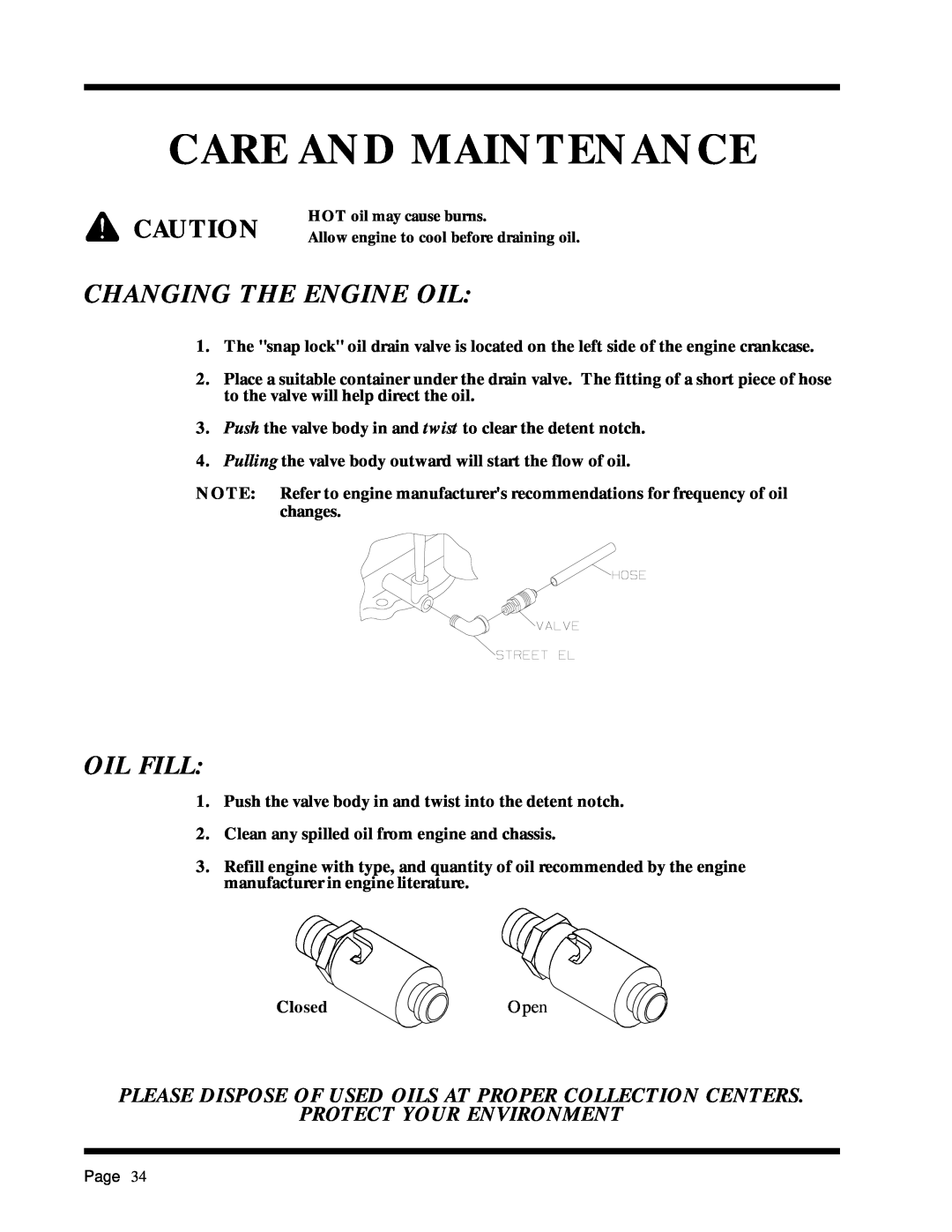 Dixon ZTR 2301 manual Changing The Engine Oil, Oil Fill, Please Dispose Of Used Oils At Proper Collection Centers 