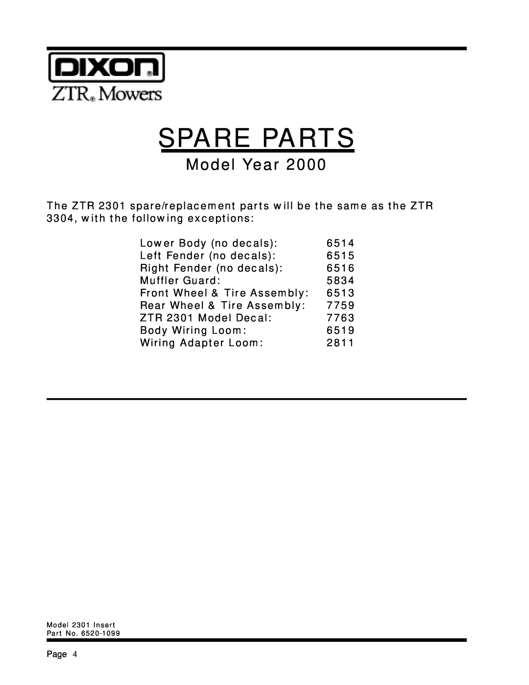 Dixon ZTR 2301 manual Model Year, Spare Parts 