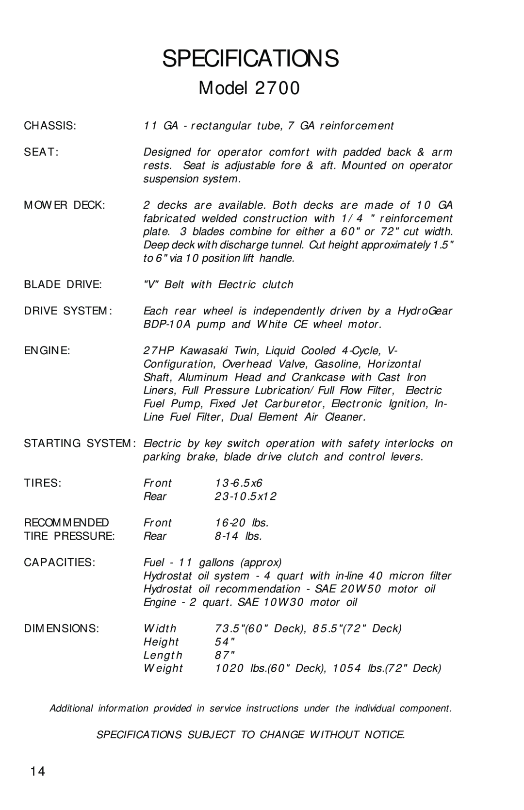 Dixon ZTR 2700, 12828-0603 manual Specifications, Model 