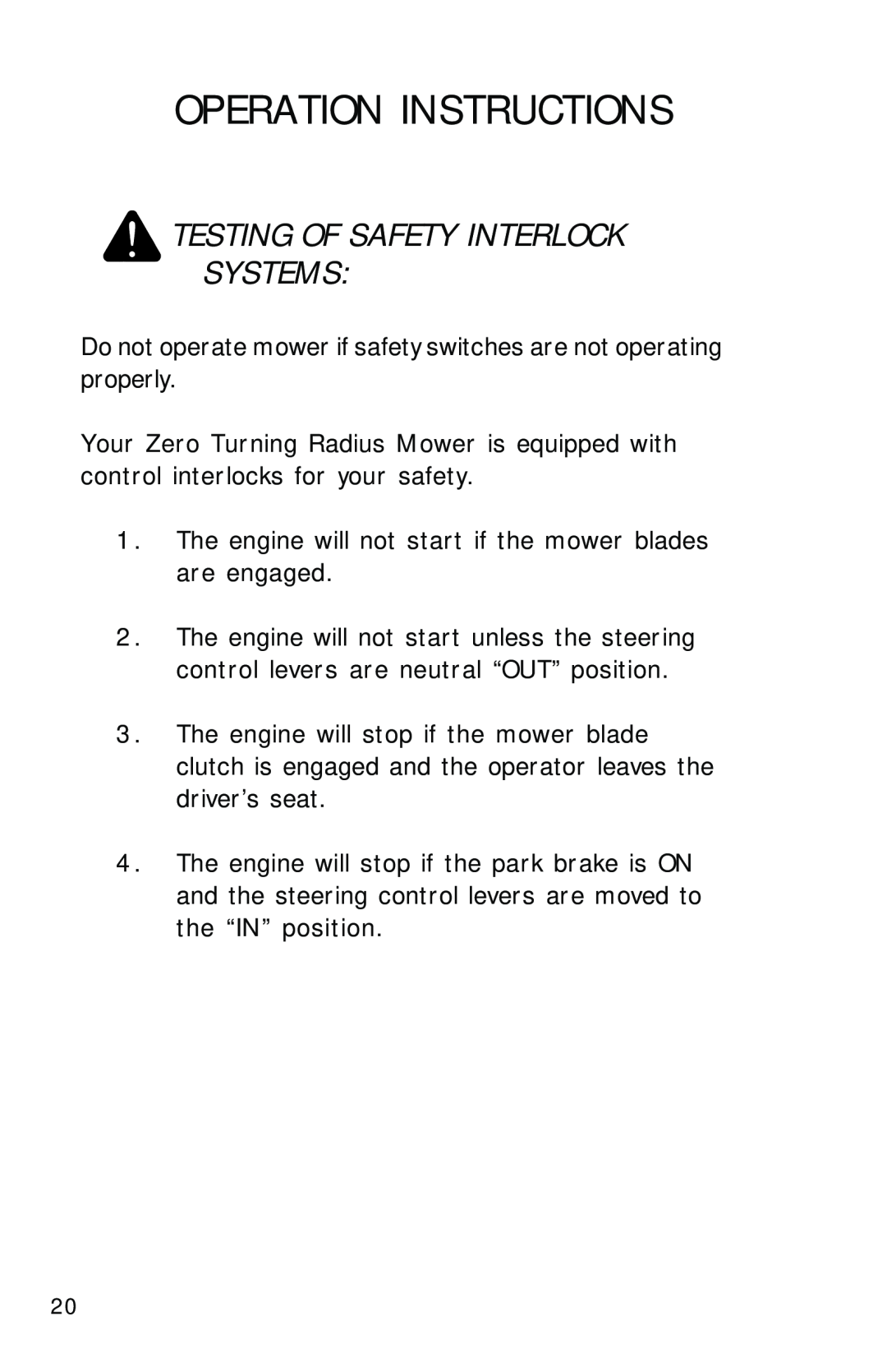 Dixon ZTR 2700, 12828-0603 manual Testing Of Safety Interlock Systems, Operation Instructions 