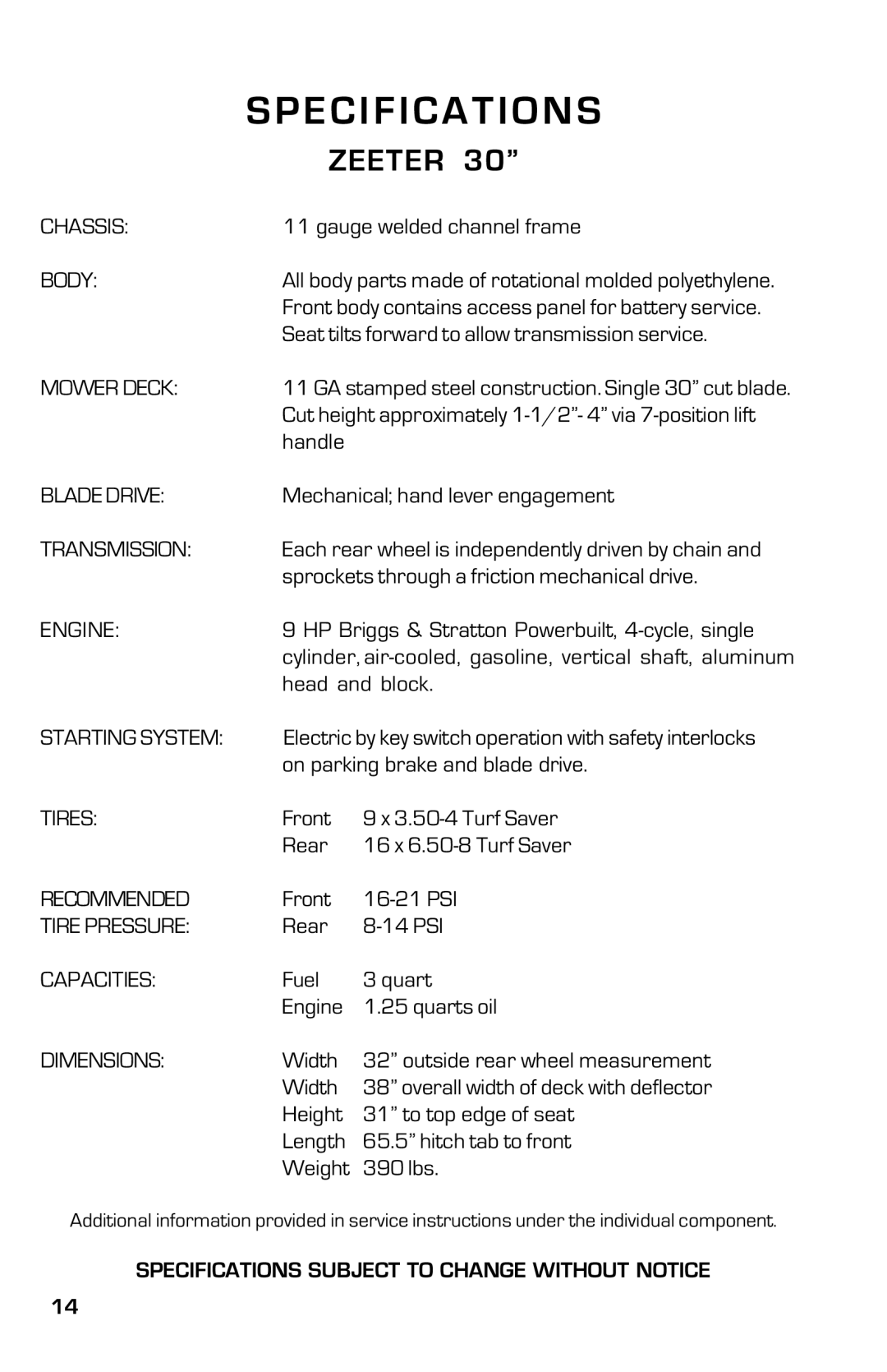 Dixon ZTR 30, 14186-0303 manual Specification S, Zeeter 