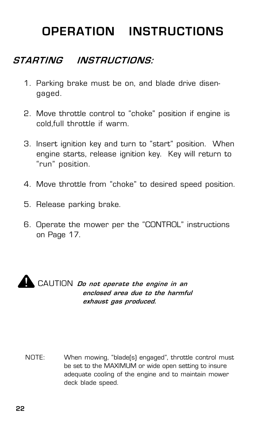 Dixon ZTR 30, 14186-0303 manual Starting Instructions 