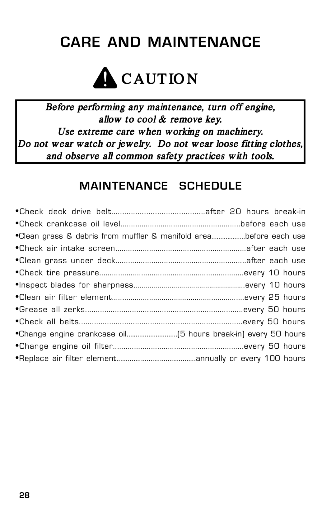 Dixon ZTR 30, 14186-0303 manual Care and Maintenance 