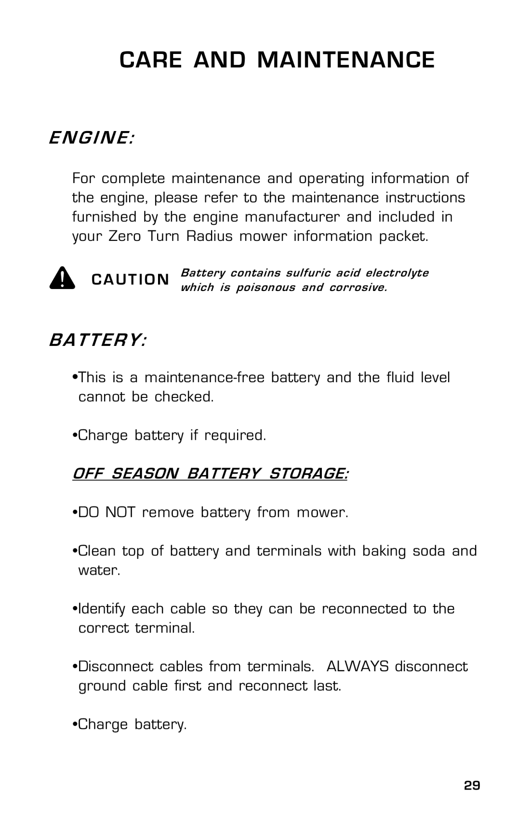 Dixon 14186-0303, ZTR 30 manual G I N E, T T E R Y, OFF Season Battery Storage 