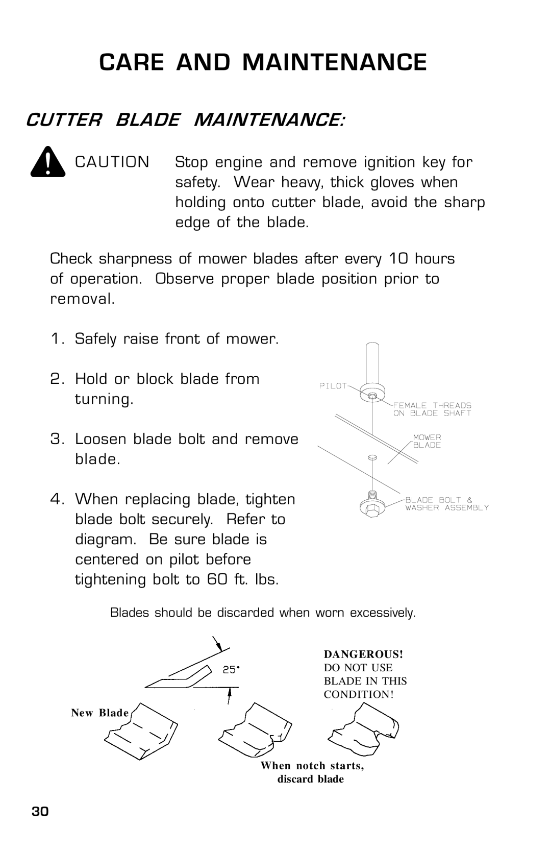 Dixon ZTR 30, 14186-0303 manual Cutter Blade Maintenance 