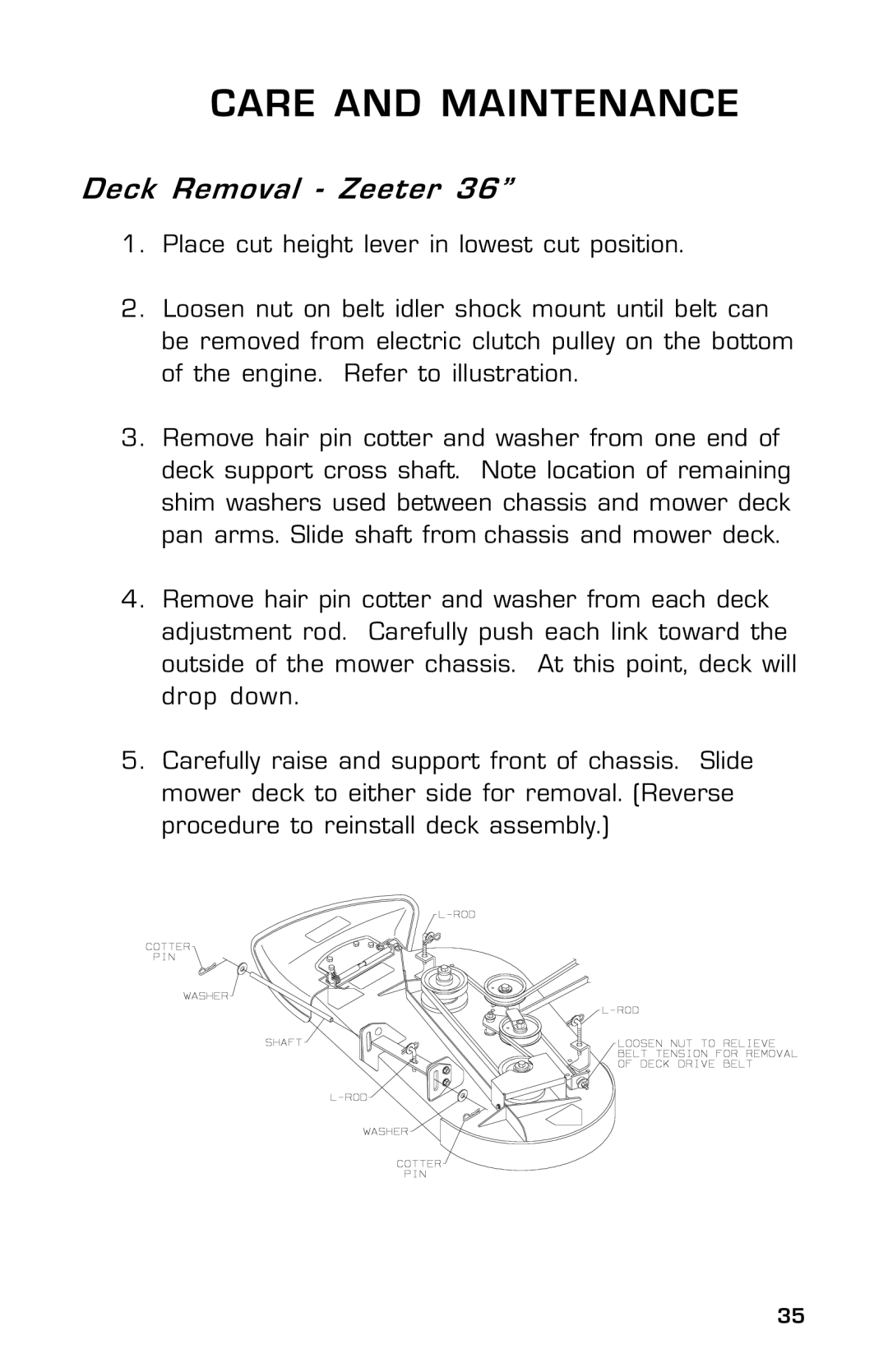 Dixon 14186-0303, ZTR 30 manual Care and Maintenance 