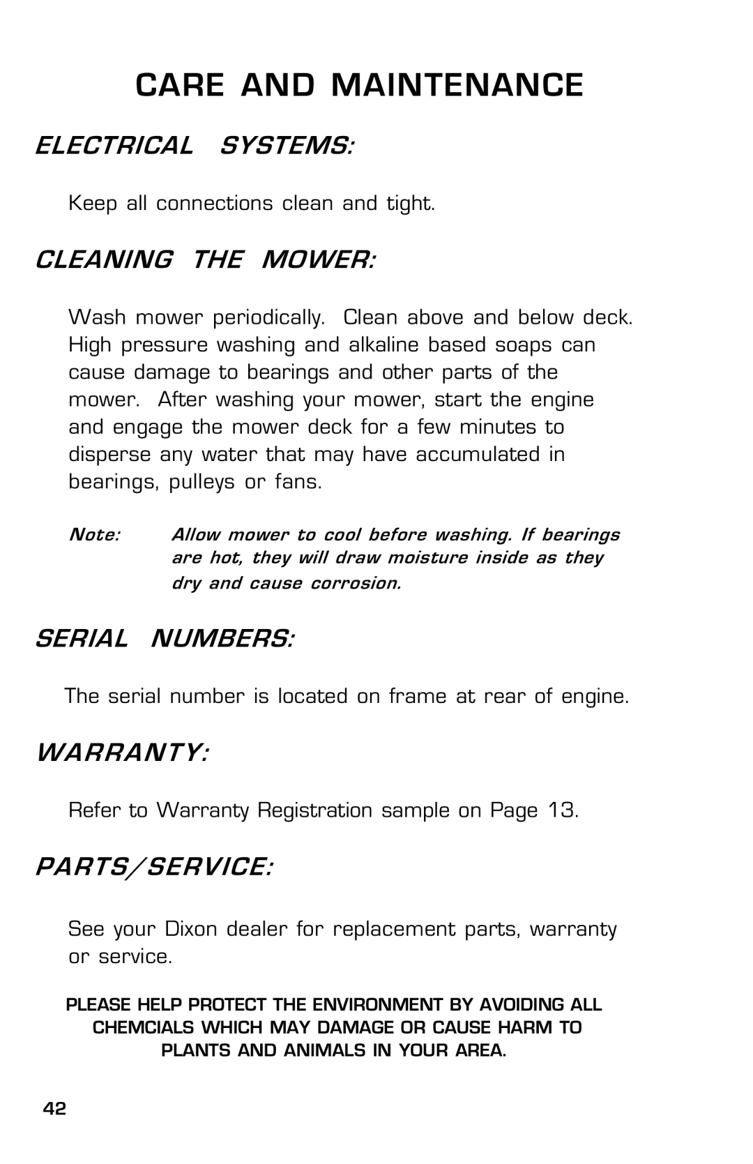 Dixon ZTR 30, 14186-0303 manual Electrical Systems, Cleaning the Mower, Serial Numbers, Warranty, Parts/Service 