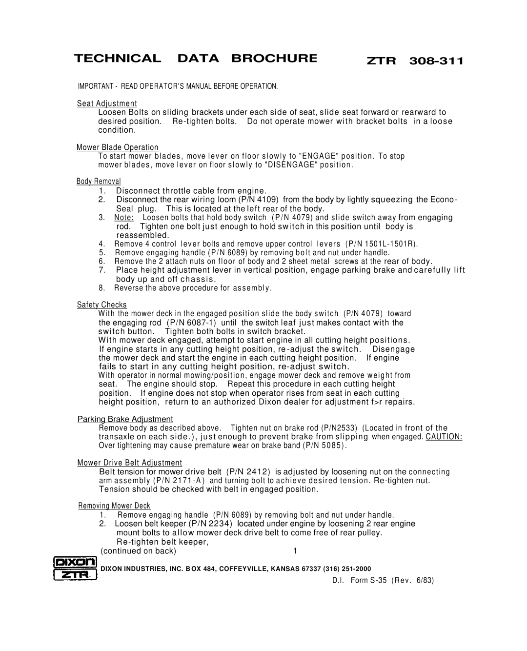 Dixon ZTR 308-311 brochure Technical Data Brochure 