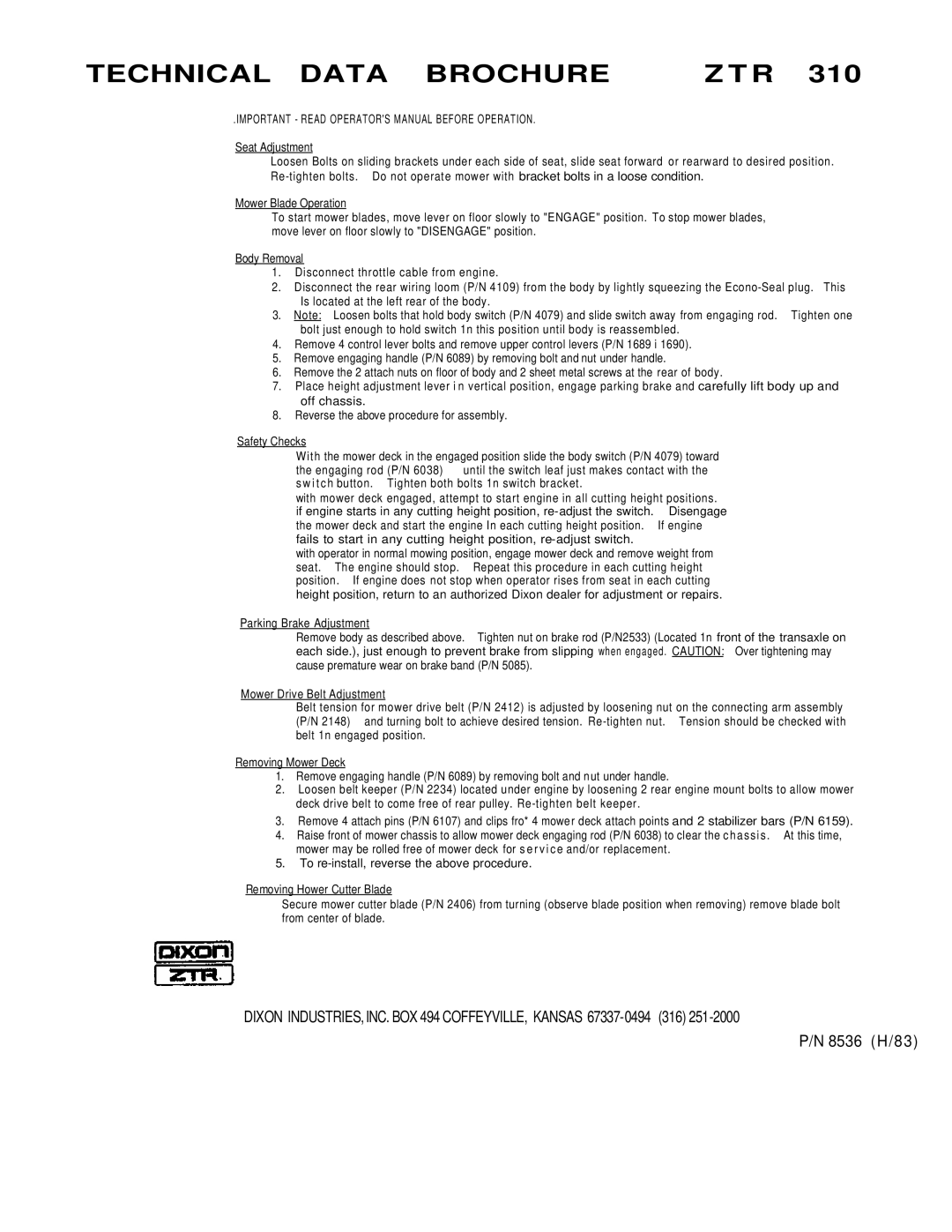 Dixon ZTR 310 brochure Technical Data Brochure 