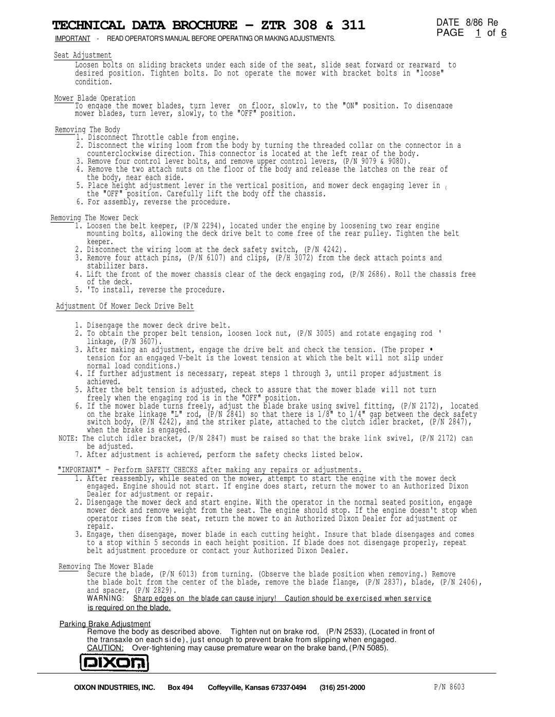 Dixon ZTR 311 brochure Technical Data Brochure ZTR 308 