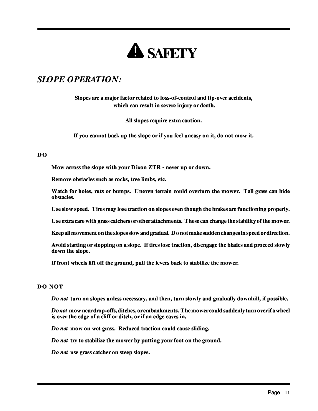 Dixon 6520-1099, ZTR 3303, ZTR 3304, 1855-0599 manual Slope Operation, Safety 