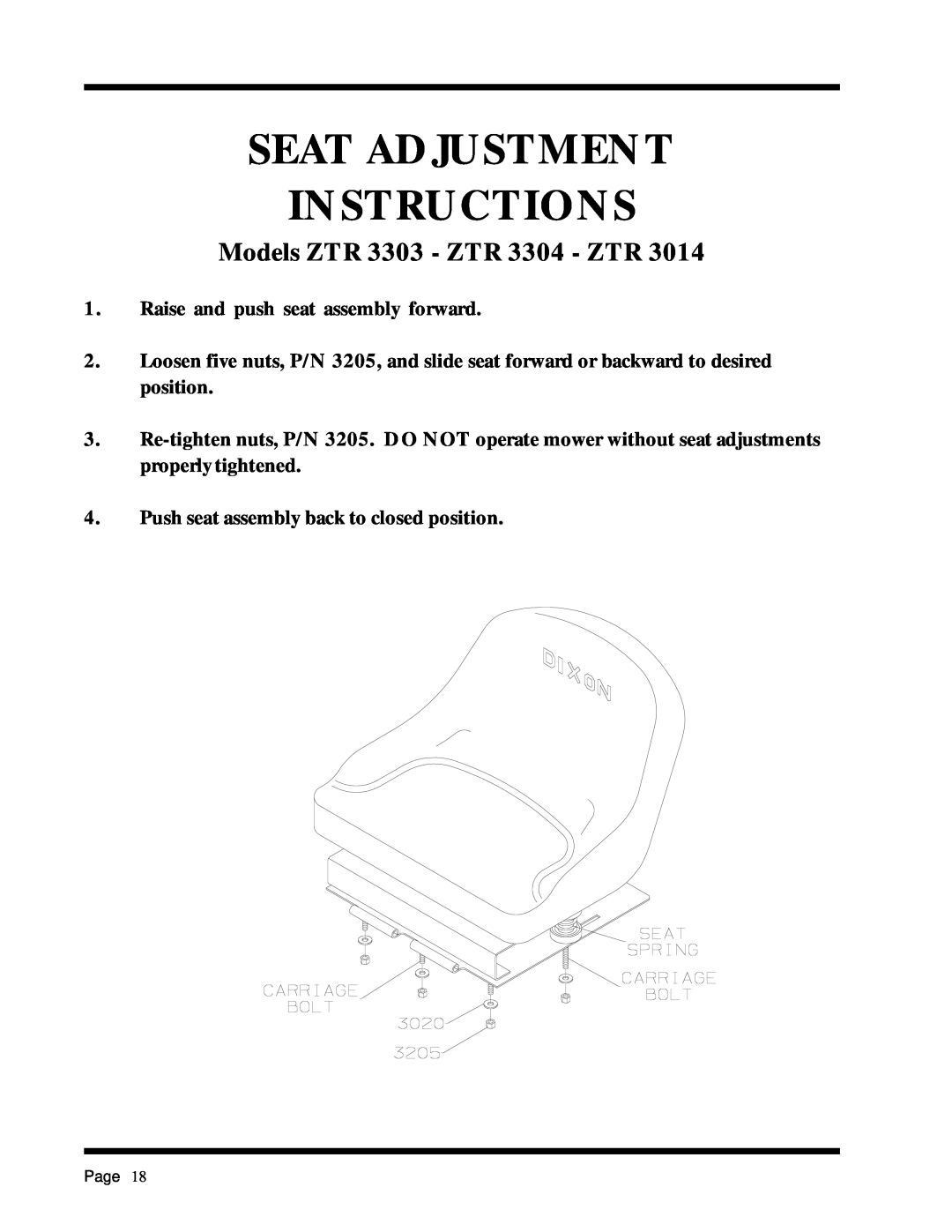 Dixon 1855-0599, 6520-1099 manual Seat Adjustment Instructions, Models ZTR 3303 - ZTR 3304 - ZTR, Page 