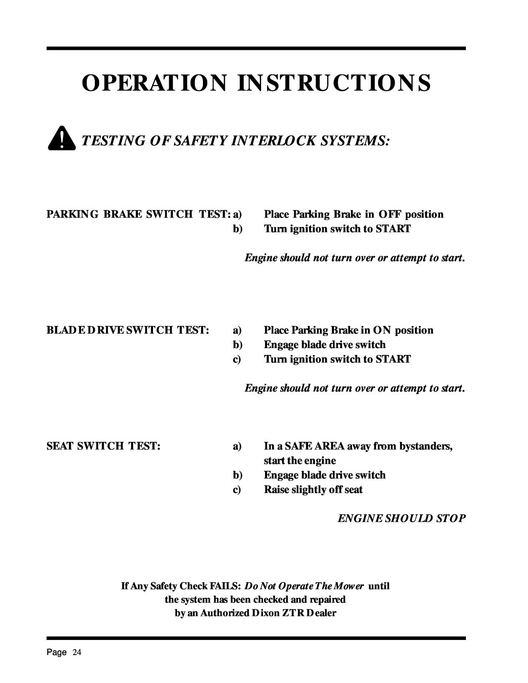 Dixon ZTR 3303, ZTR 3304, 1855-0599, 6520-1099 manual Testing Of Safety Interlock Systems, Operation Instructions 