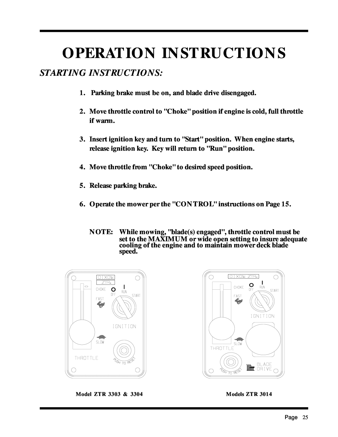 Dixon ZTR 3304, ZTR 3303, 1855-0599, 6520-1099 manual Starting Instructions, Operation Instructions 