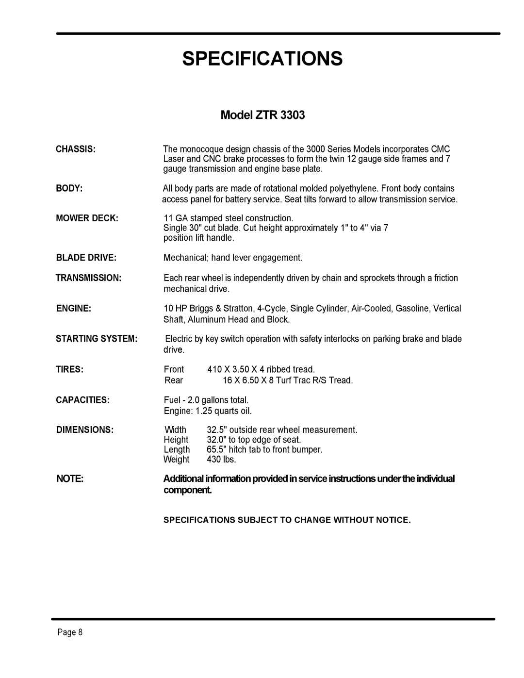 Dixon ZTR 3362 manual Specifications 