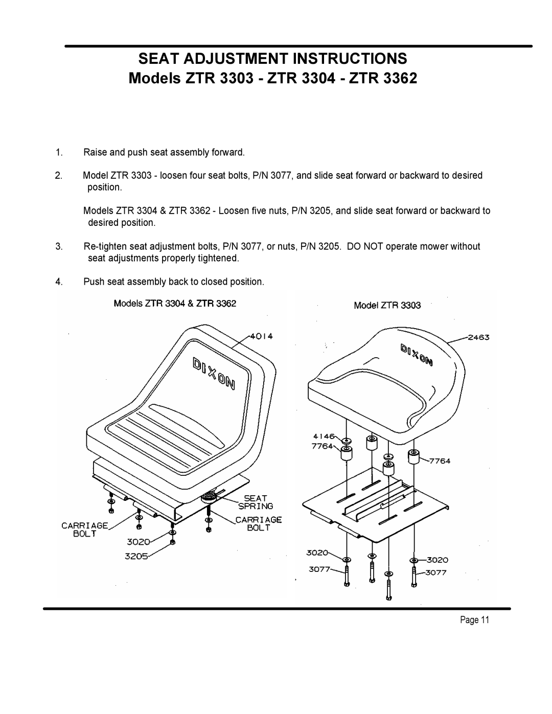 Dixon ZTR 3362 manual Seat Adjustment Instructions 