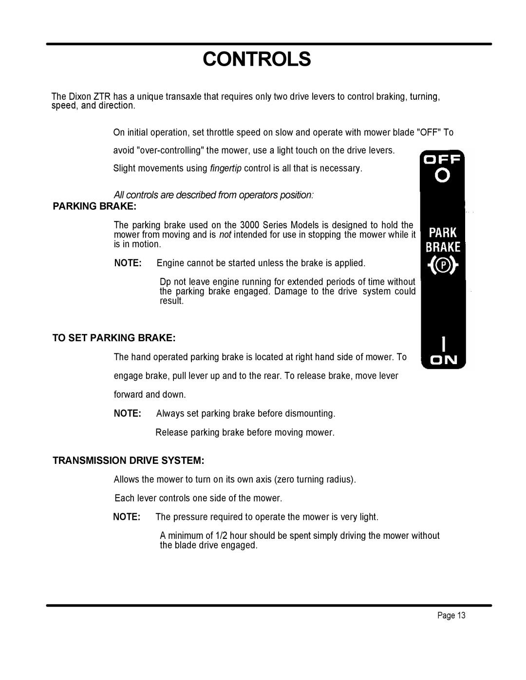 Dixon ZTR 3362 manual Parking Brake 