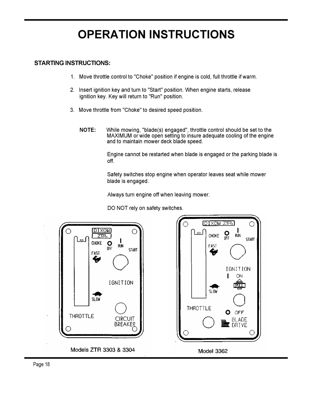 Dixon ZTR 3362 manual Starting Instructions 