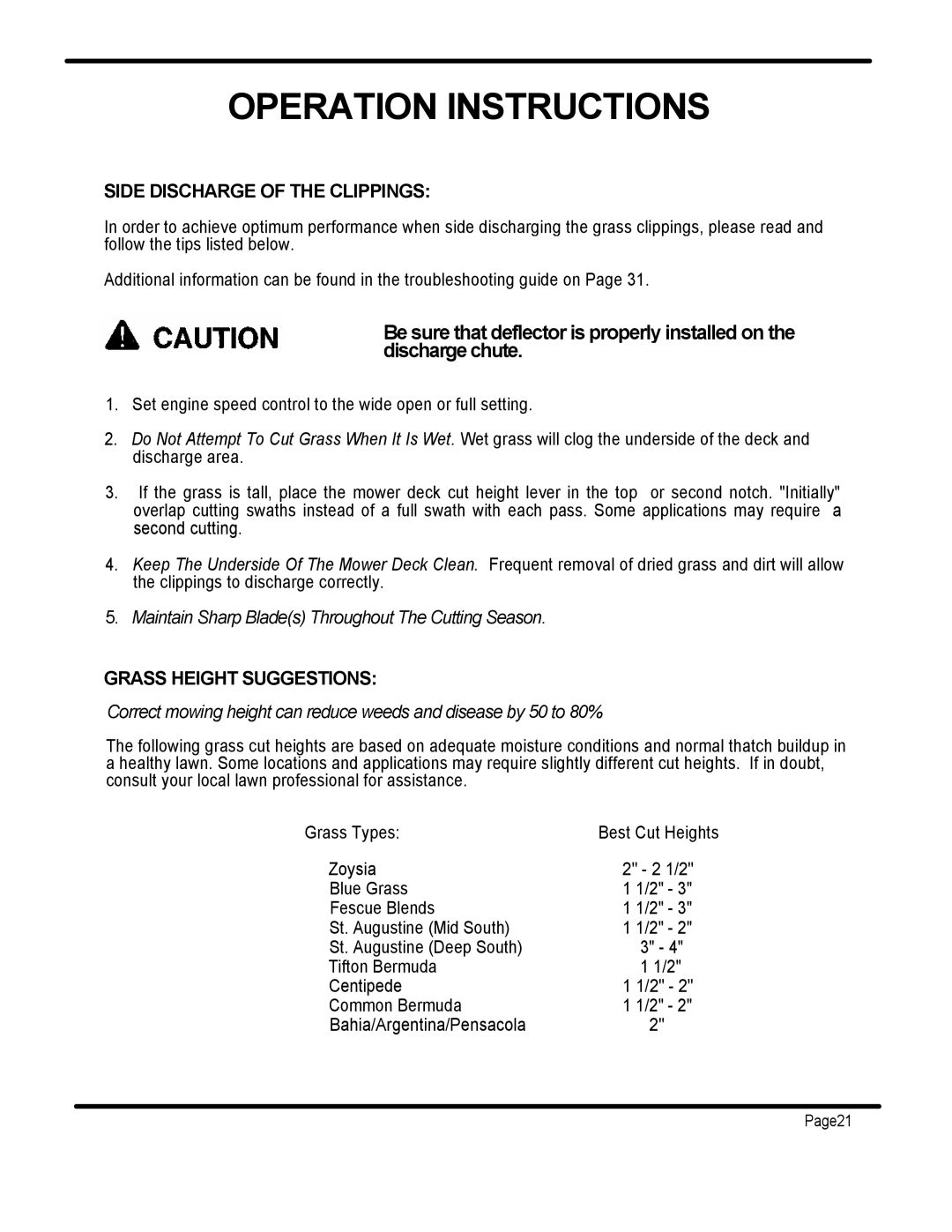 Dixon ZTR 3362 manual Side Discharge of the Clippings, Grass Height Suggestions 