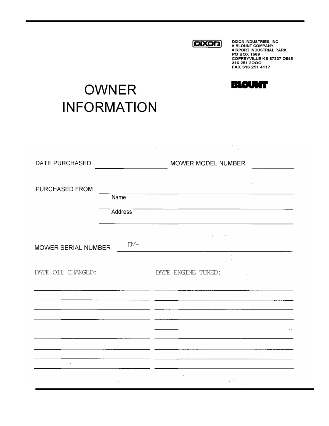 Dixon ZTR 3362 manual Owner Information 