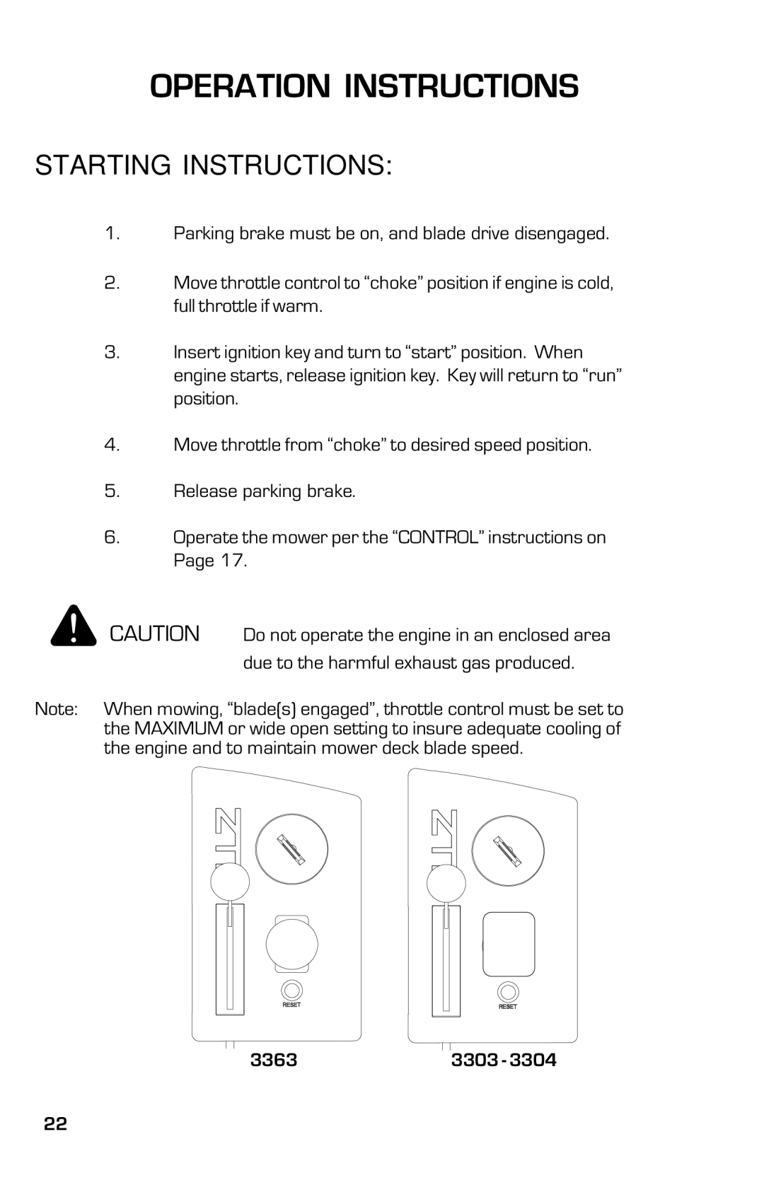 Dixon ZTR 3363, 13631-0702 manual Starting Instructions 