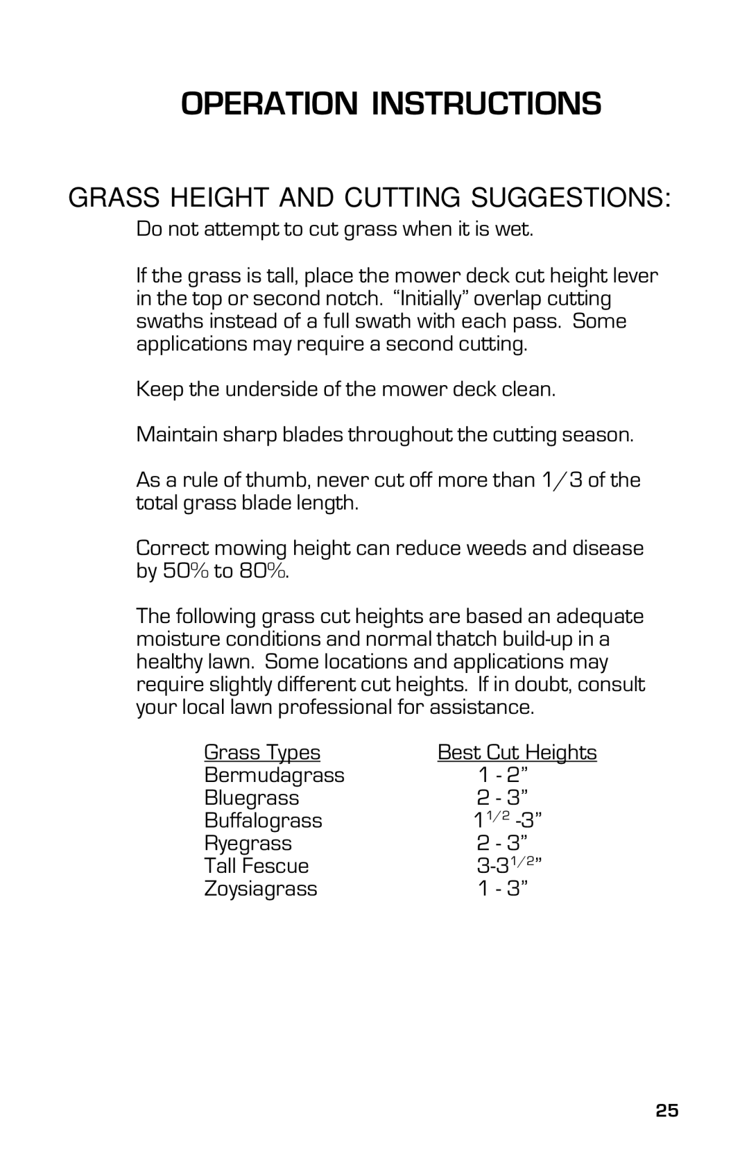 Dixon 13631-0702, ZTR 3363 manual Grass Height and Cutting Suggestions 