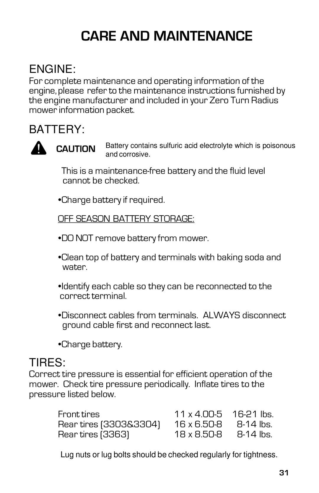 Dixon 13631-0702, ZTR 3363 manual Engine, Tires, OFF Season Battery Storage 