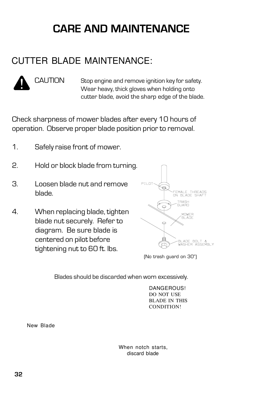 Dixon ZTR 3363, 13631-0702 manual Cutter Blade Maintenance 