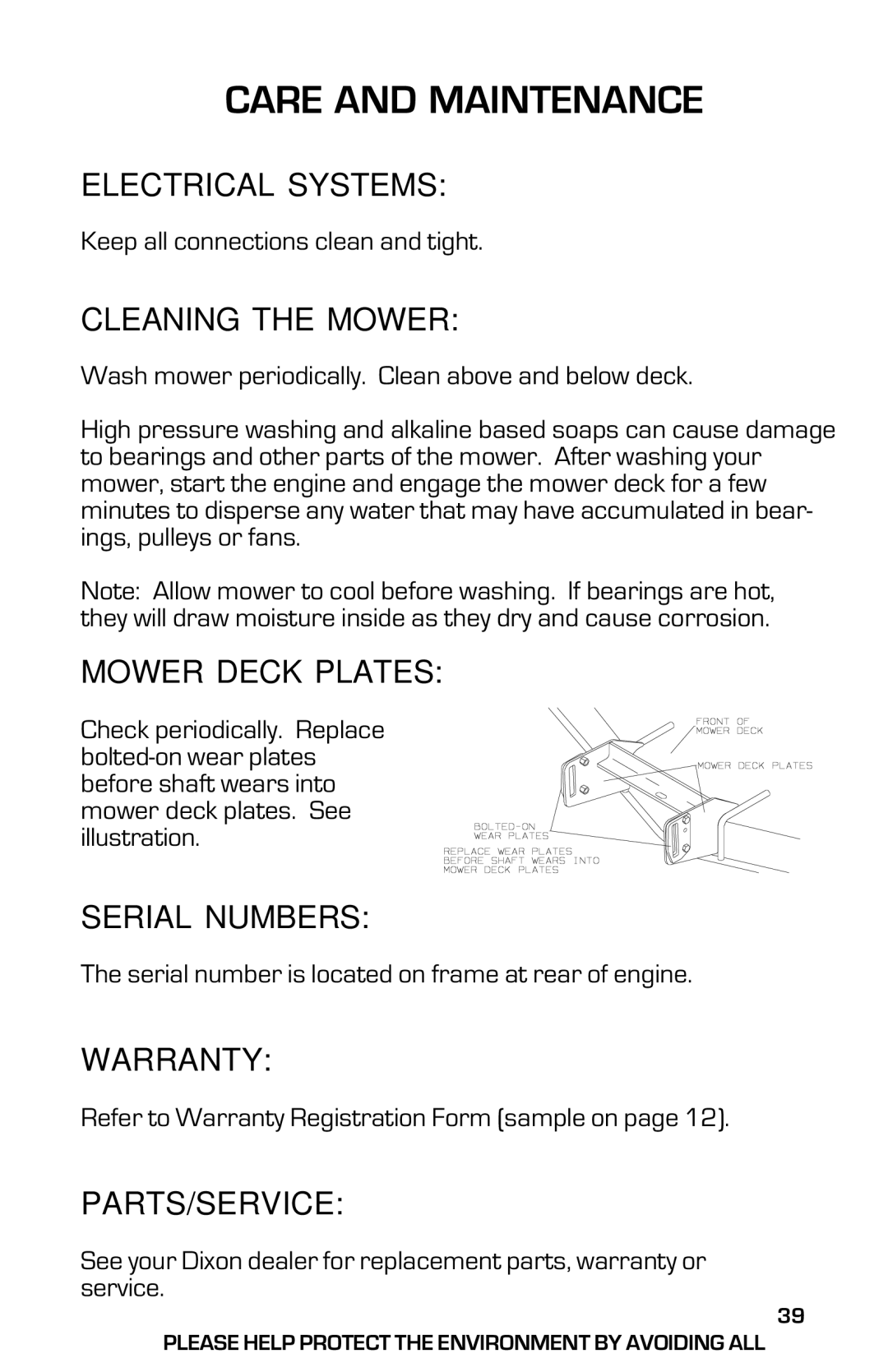 Dixon 13631-0702 manual Electrical Systems, Cleaning the Mower, Mower Deck Plates, Serial Numbers, Warranty, Parts/Service 