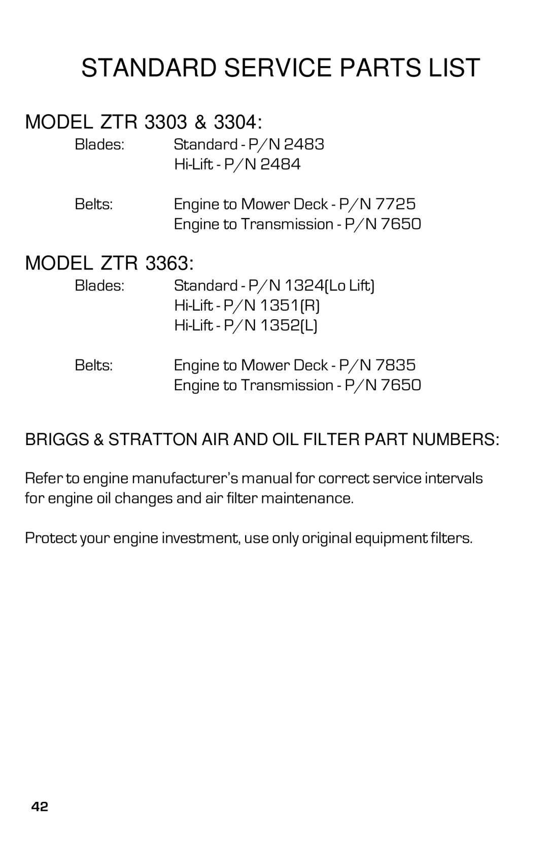 Dixon ZTR 3363, 13631-0702 Standard Service Parts List, Model ZTR 3303, Briggs & Stratton AIR and OIL Filter Part Numbers 