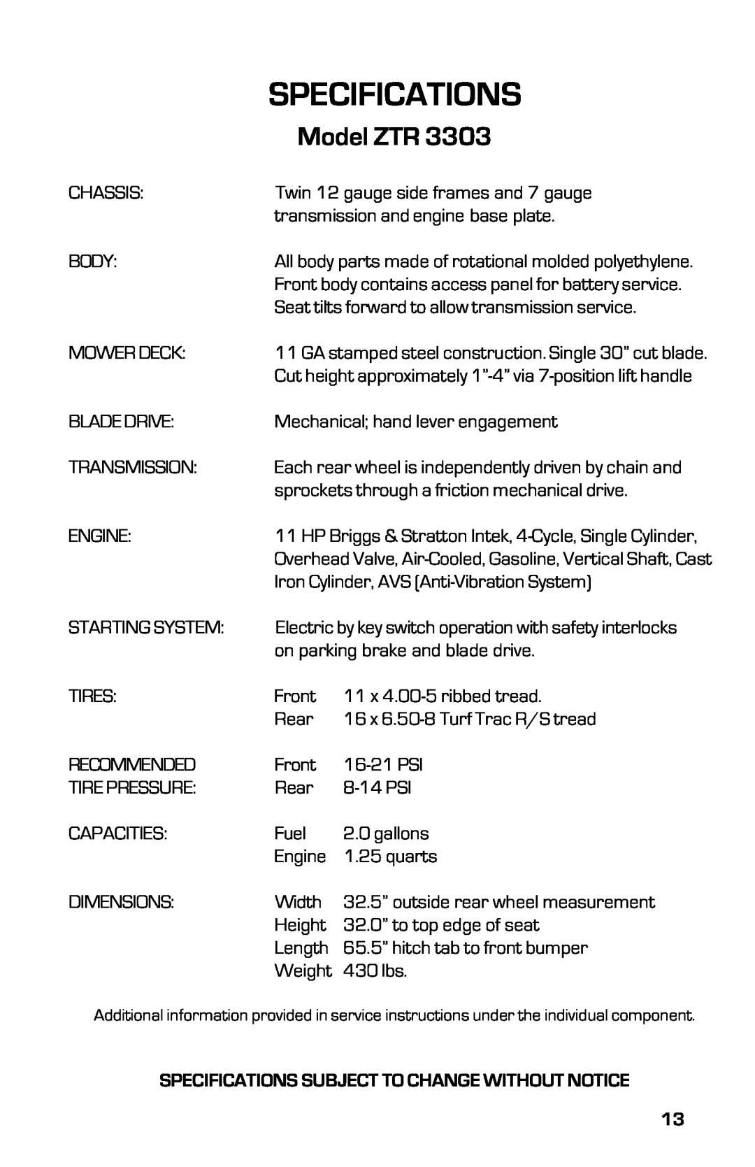 Dixon 13631-0702, ZTR 3363 manual Specifications, Model ZTR 