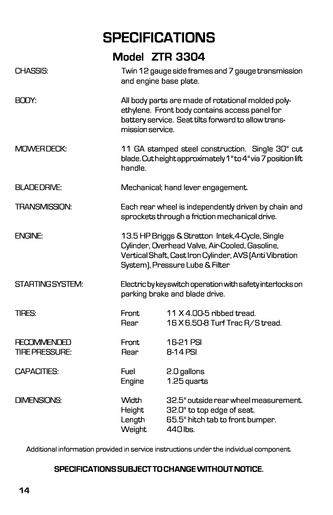 Dixon ZTR 3363, 13631-0702 manual Specifications, Model 