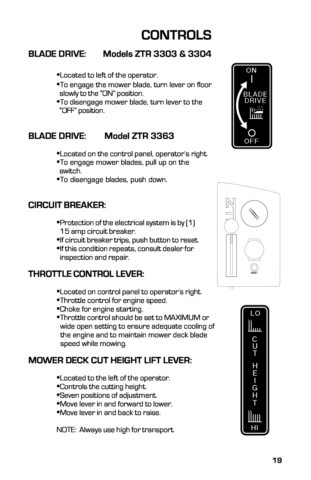 Dixon 13631-0702 manual Controls, BLADE DRIVE Models ZTR, Blade Drive, Model ZTR, Circuit Breaker, Throttle Control Lever 