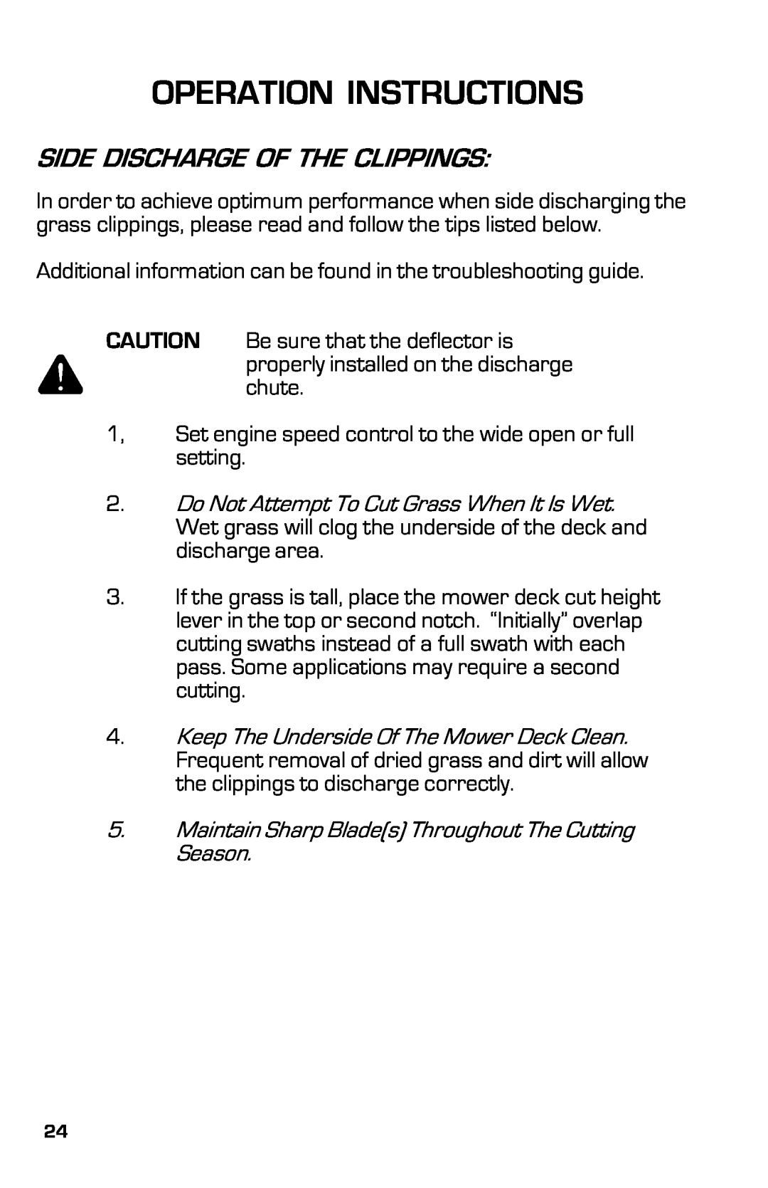 Dixon ZTR 3363, 13631-0702 manual Operation Instructions, Side Discharge Of The Clippings 