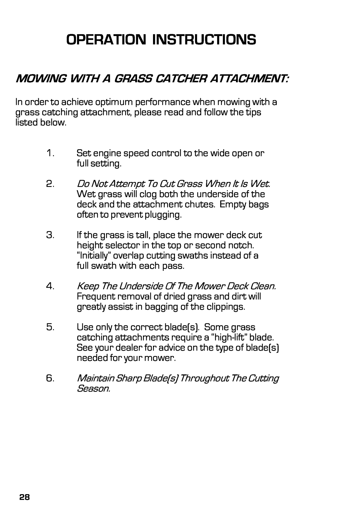 Dixon ZTR 3363, 13631-0702 manual Operation Instructions, Mowing With A Grass Catcher Attachment 