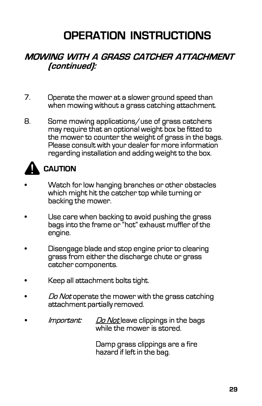 Dixon 13631-0702, ZTR 3363 manual Operation Instructions, MOWING WITH A GRASS CATCHER ATTACHMENT continued 